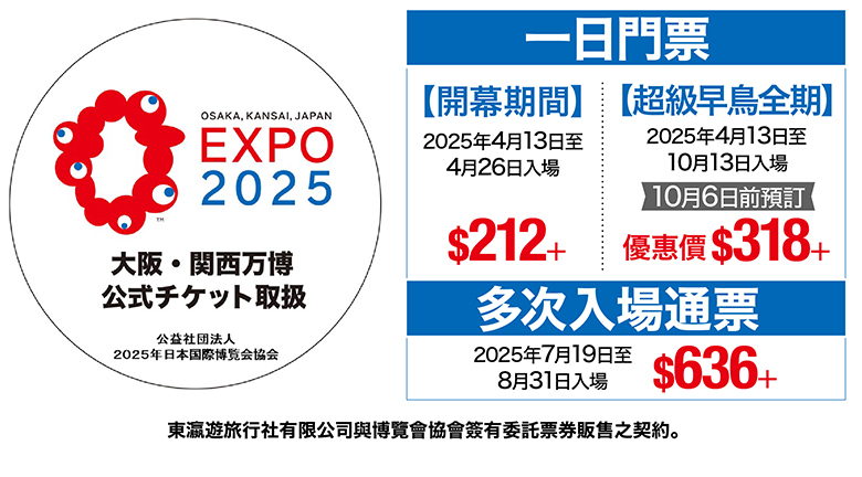 東瀛遊成為大阪．關西世博官方票務代理 10月6日前訂購門票尊享8折優惠