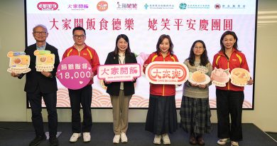 （左起）鄰舍輔導會執行委員會主席戴健文、大家樂集團食德樂總經理林志偉、基督教家庭服務中心助理總幹事彭淑玲、大家樂集團首席執行官梁可婷、香港耆康老人福利會行政總監甘淑嫻、大家樂集團休閒餐飲總經理鄧蕙翹主持啟動儀式。