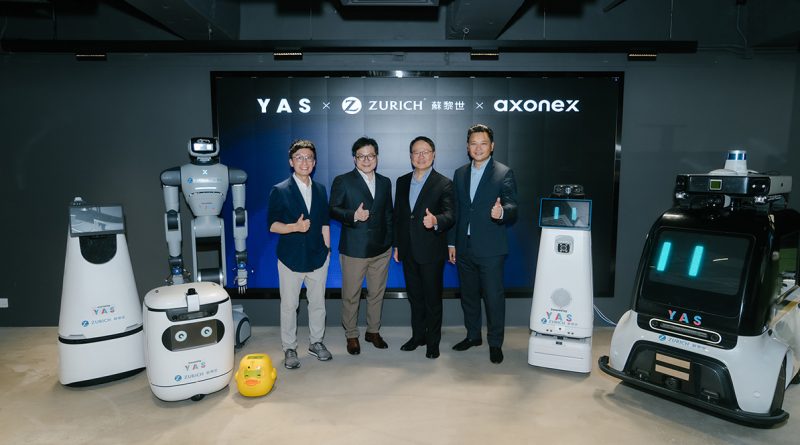 蘇黎世保險（香港）與YAS聯手推出機械人嵌入式保險，推動本地AI及機械人應用。（左起）YAS聯合創辦人李威霖、Axonex創辦人及行政總裁Damian Chan、蘇黎世保險（大中華）行政總裁許金桂、YAS聯合創辦人安宇昭。